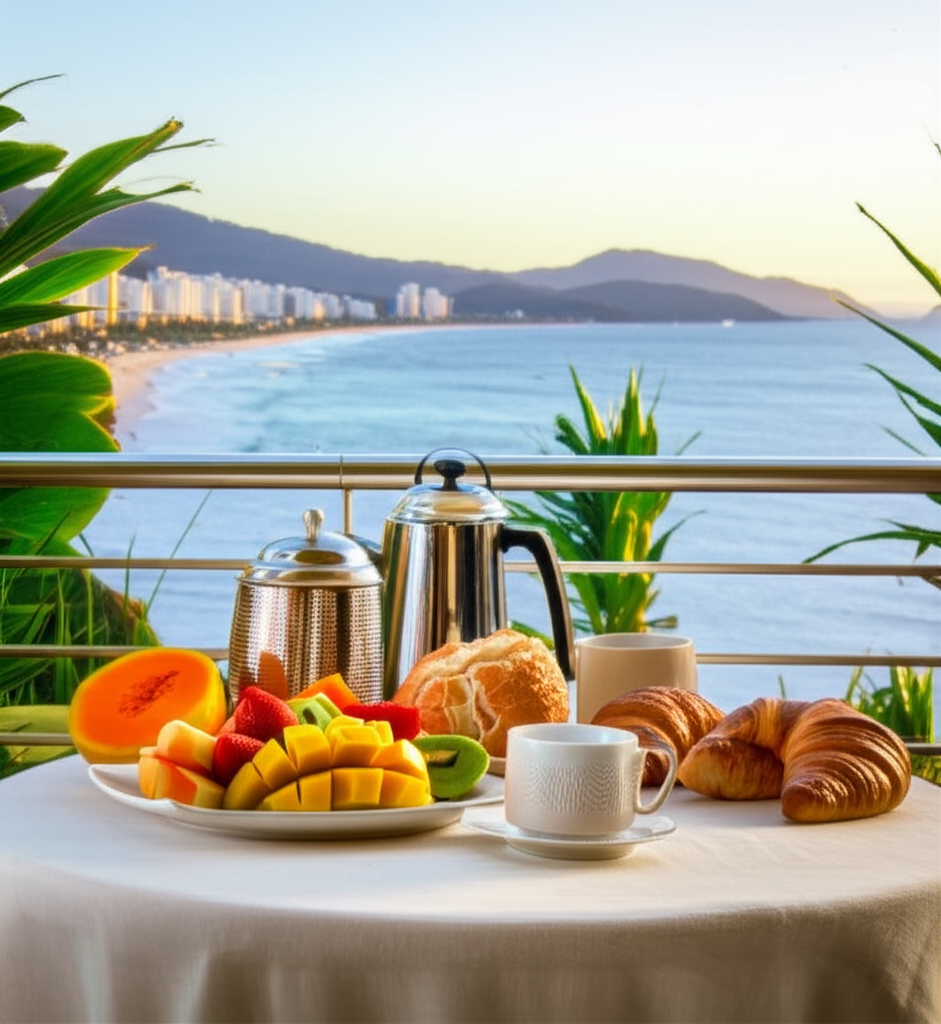 Mesa de café da manhã posta em uma varanda elegante, com frutas frescas, pães e café, tendo como pano de fundo a vista panorâmica da Praia de Caraguatatuba ao amanhecer.