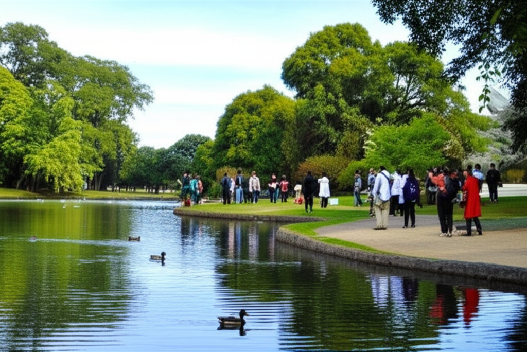 Pessoas caminhando e apreciando a paisagem ao redor de um dos lagos do Parque Ibirapuera, com patos na água e a vegetação exuberante ao redor.