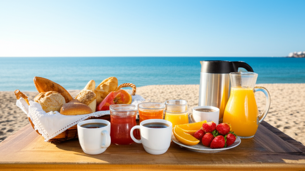 Uma mesa rústica de café da manhã montada diretamente na areia da Praia de Caraguatatuba, com o mar calmo ao fundo e o sol da manhã iluminando os alimentos frescos.