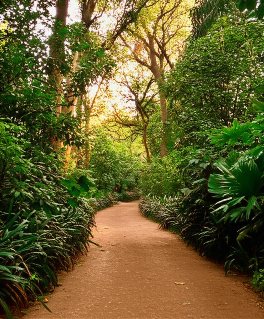 Detalhe de uma trilha de terra batida no Parque Ibirapuera, ladeada por densa vegetação nativa e árvores altas, com raios de sol filtrando pelas folhas.