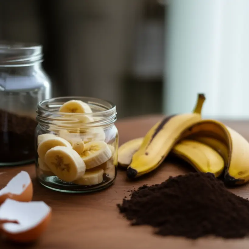 Uma tigela com cascas de banana picadas, um recipiente com borra de café e cascas de ovos trituradas, demonstrando opções de adubo caseiro