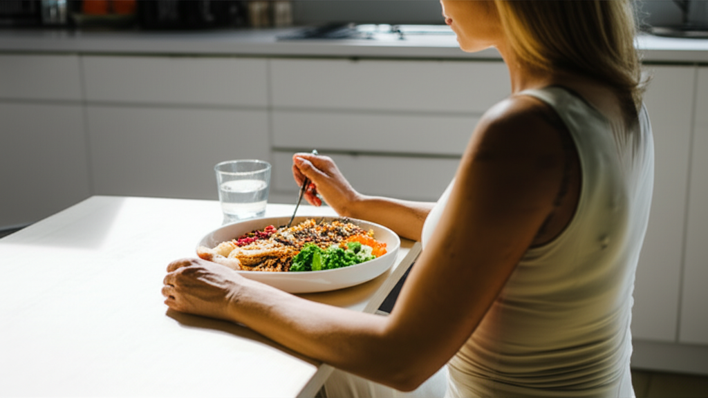 Mulher sorrindo, comendo uma salada colorida e um copo de água, simbolizando hábitos alimentares saudáveis e bem-estar