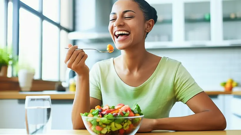 Pessoa sorrindo e comendo uma refeição saudável, com um copo de água, simbolizando bem-estar com Psyllium.
