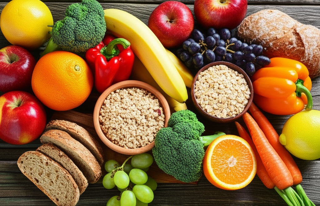 Variedade de frutas, vegetais e grãos integrais, representando uma dieta rica em fibras para a saúde digestiva.