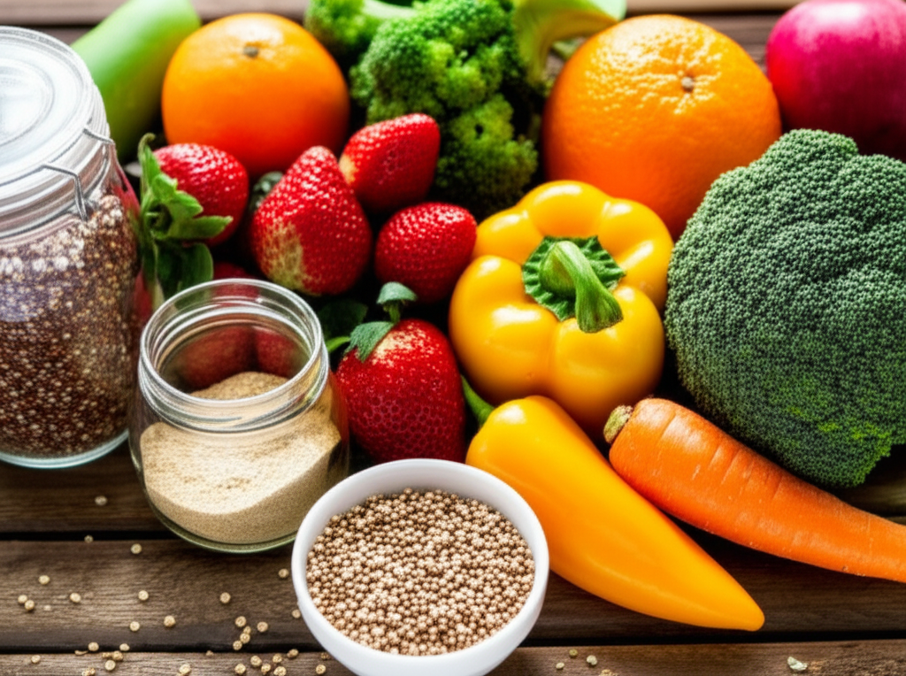 Uma variedade de alimentos veganos saudáveis, como frutas, vegetais, grãos e sementes, dispostos sobre uma mesa de madeira, com um pote de psyllium discretamente ao lado, simbolizando a integração na dieta.