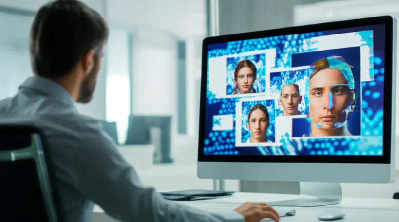 Uma imagem conceitual de uma pessoa analisando uma tela com multiplas imagens distorcidas e sobrepostas, simbolizando a detecao de deepfakes, sem rostos humanos olhando para a lente.