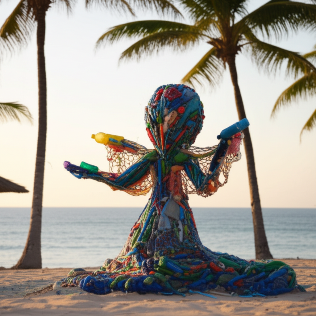 Escultura artística colorida feita com pedaços de plástico e outros detritos coletados do oceano, exibida em um ambiente praiano, simbolizando a transformação do lixo em arte e a conscientização ambiental.