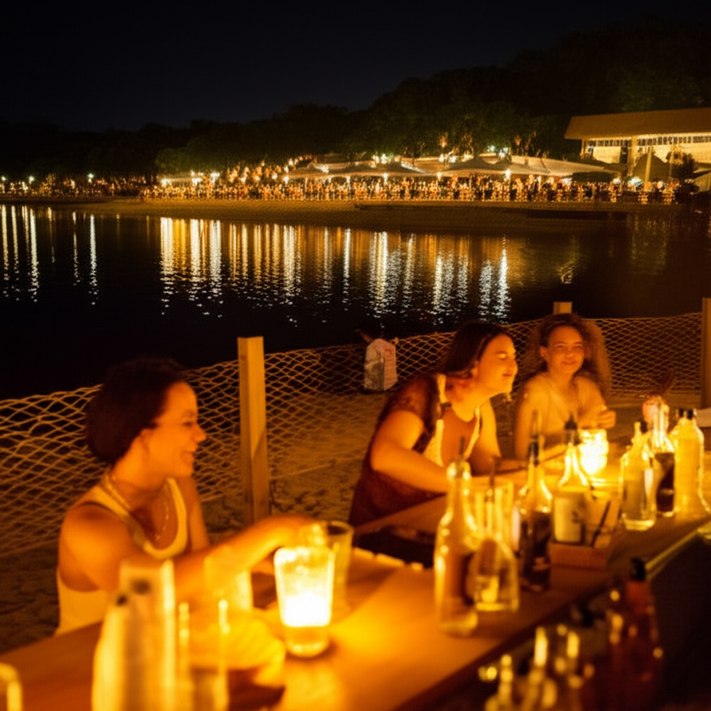 Pessoas em um bar de praia em Ibirapuera, com música ao vivo e luzes aconchegantes