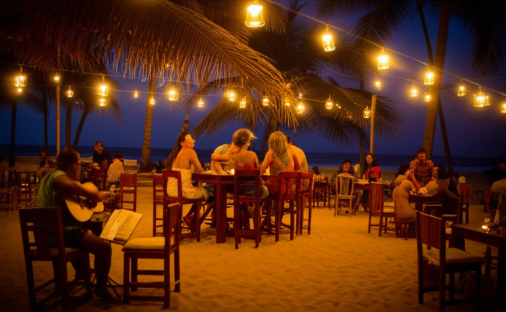 Barzinho na praia de Itaparica com música ao vivo e pessoas se divertindo