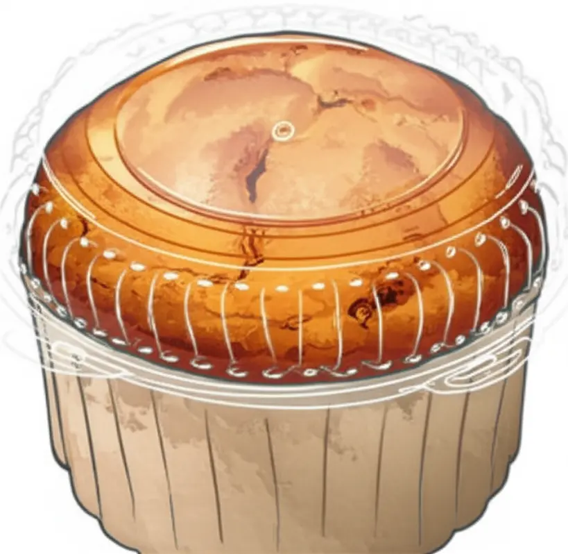 Ilustração de um bolo caseirinho sendo cuidadosamente colocado em uma embalagem transparente, com foco na vedação hermética e na frescura do produto.