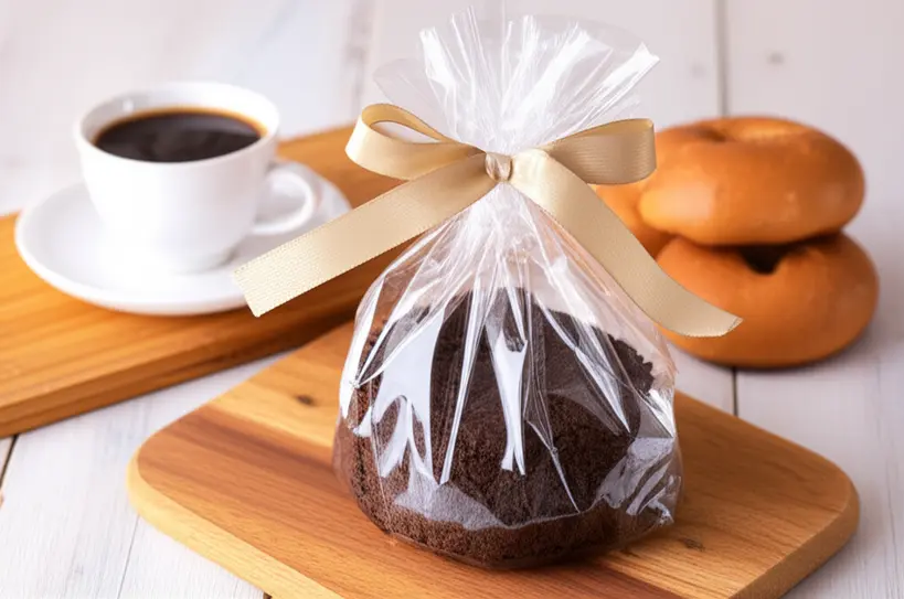 Bolo caseirinho de chocolate em embalagem transparente com laço, pronto para consumo, em uma mesa de café da manhã