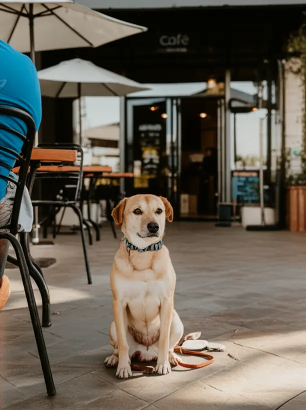 Cachorro de porte médio relaxando em uma área externa de um café pet-friendly em Belo Horizonte ao lado de seu dono