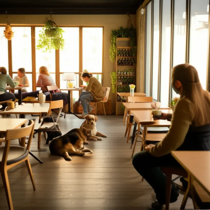 Pessoas e seus cães relaxando em um café pet-friendly com mesas e ambiente acolhedor em Florianópolis.