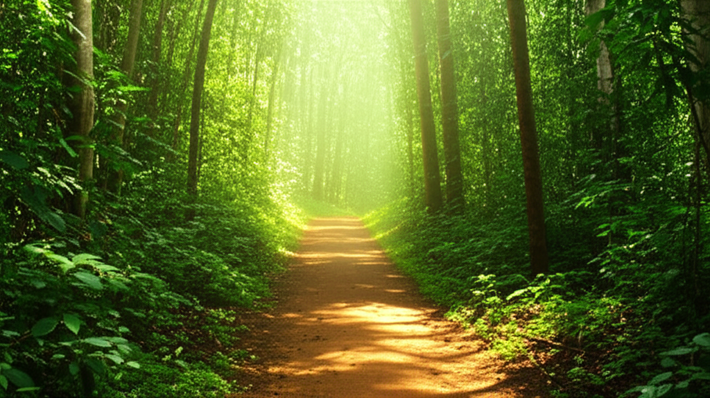 Caminho estreito em meio à densa floresta tropical, com raios de sol filtrando pelas folhas