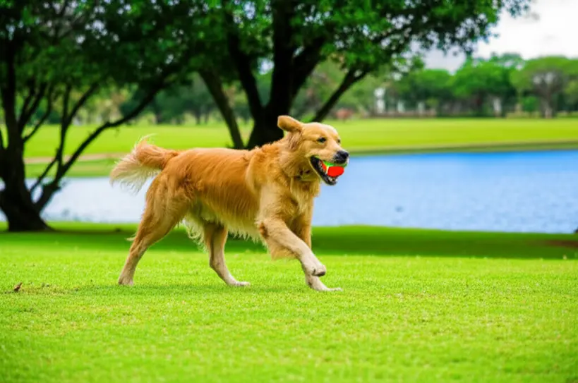 Cão da raça Golden Retriever brincando com uma bola em uma área gramada do Parque Cesamar