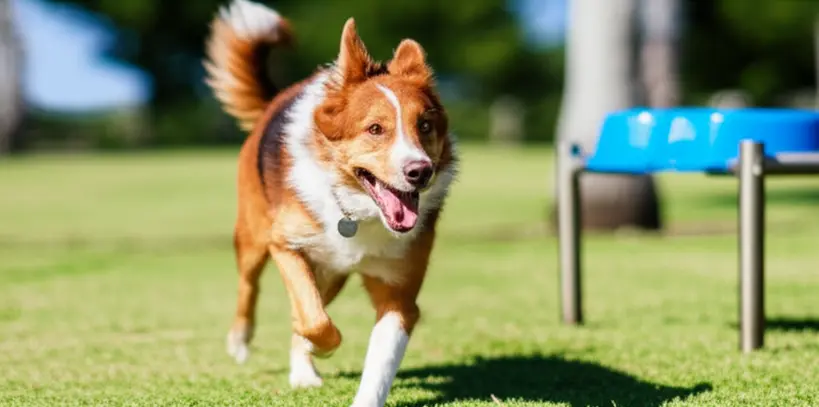 Cão feliz brincando na grama do Parque de Coqueiros em Florianópolis com bebedouros ao fundo.