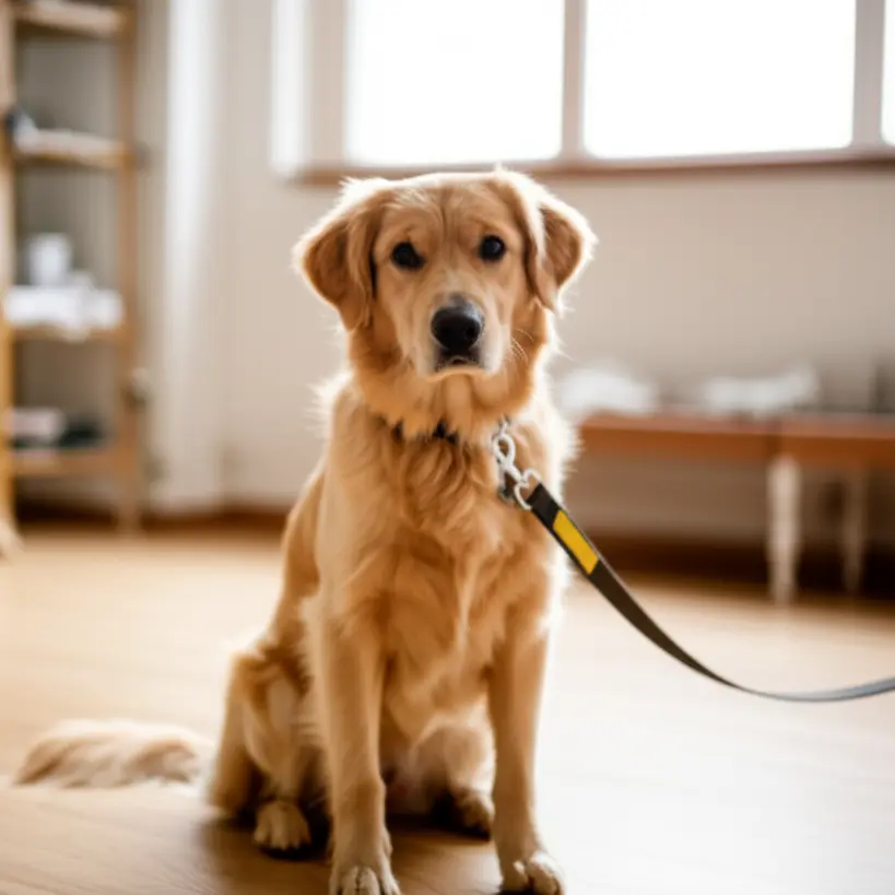 Cão com coleira e guia pronto para passear