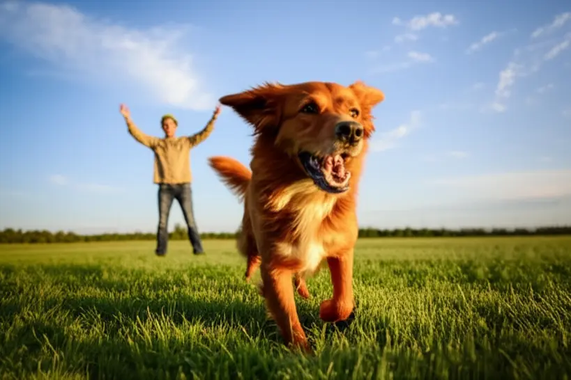 Cão correndo alegremente em direção ao seu tutor em um campo aberto