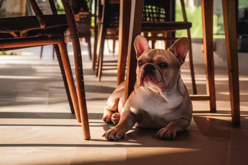 Cão da raça Bulldog Francês deitado sob uma mesa em uma área externa de um café, com seu tutor ao lado