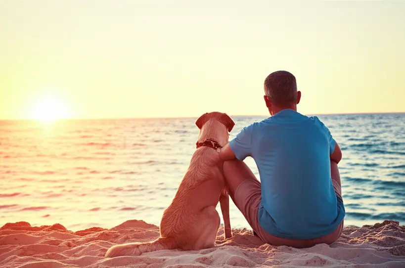 Um cão na coleira ao lado de seu tutor em uma praia de Florianópolis, observando o mar durante o pôr do sol.