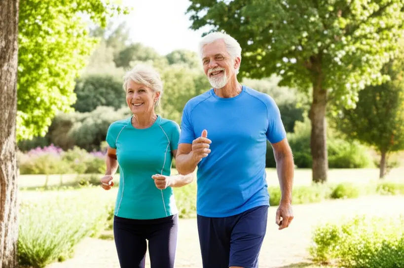 Casal feliz caminhando em um parque ensolarado como parte de sua rotina de exercícios