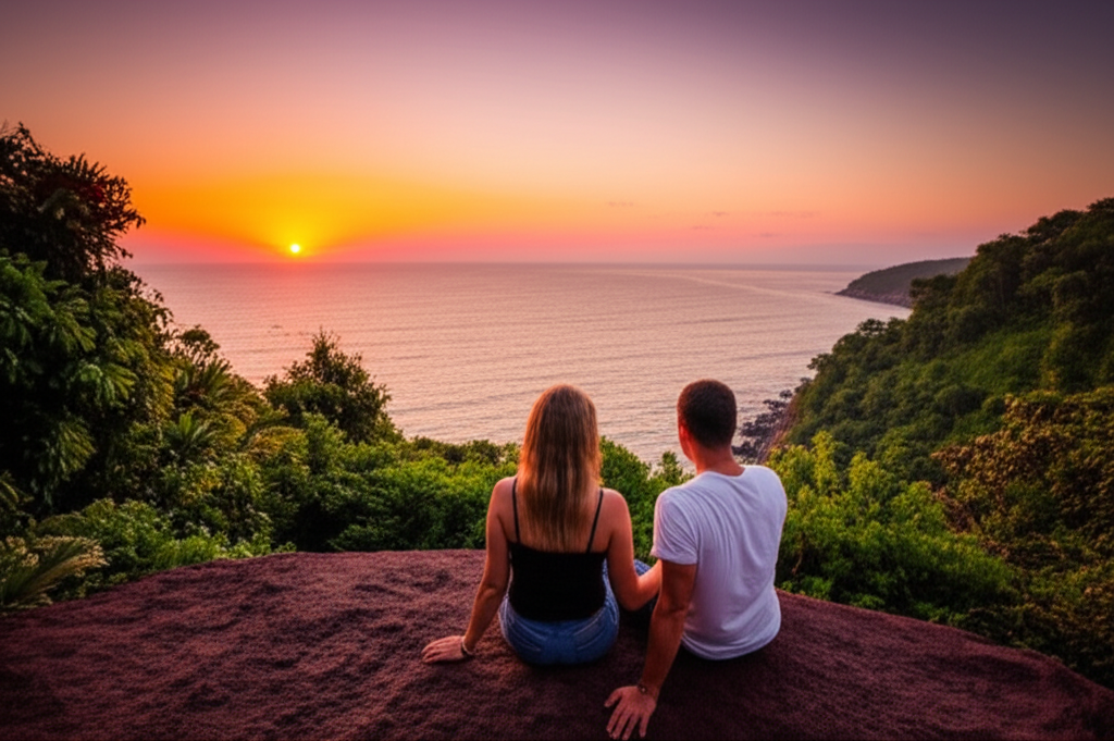 Casal abraçado em um mirante natural, observando o pôr do sol sobre o oceano e a vegetação exuberante de Itacaré.