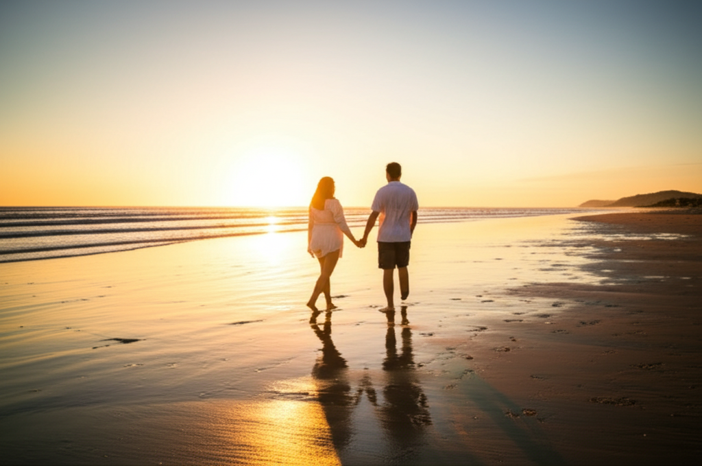 Casal de mãos dadas na areia da praia de São Sebastião durante o pôr do sol