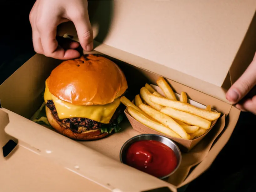 Foto realista de uma mão abrindo uma caixa de delivery, revelando um combo de hambúrguer organizado
