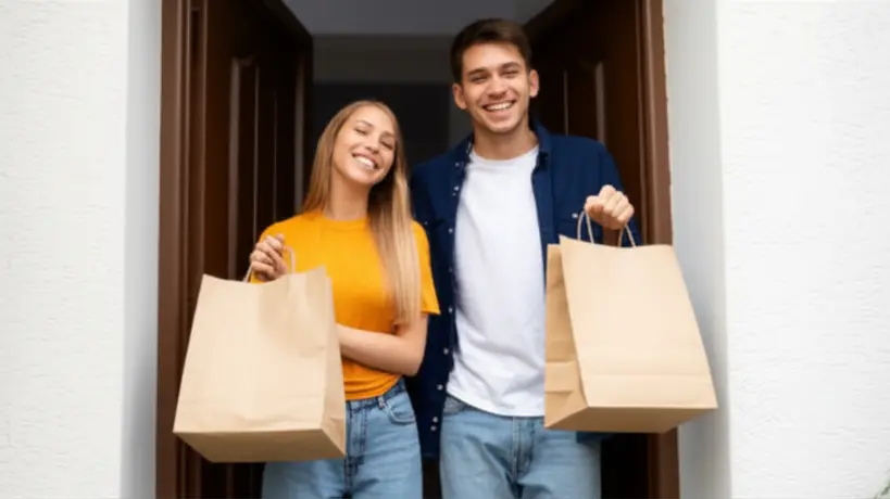 Casal recebendo delivery de comida em embalagens Kraft sustentáveis com sorriso