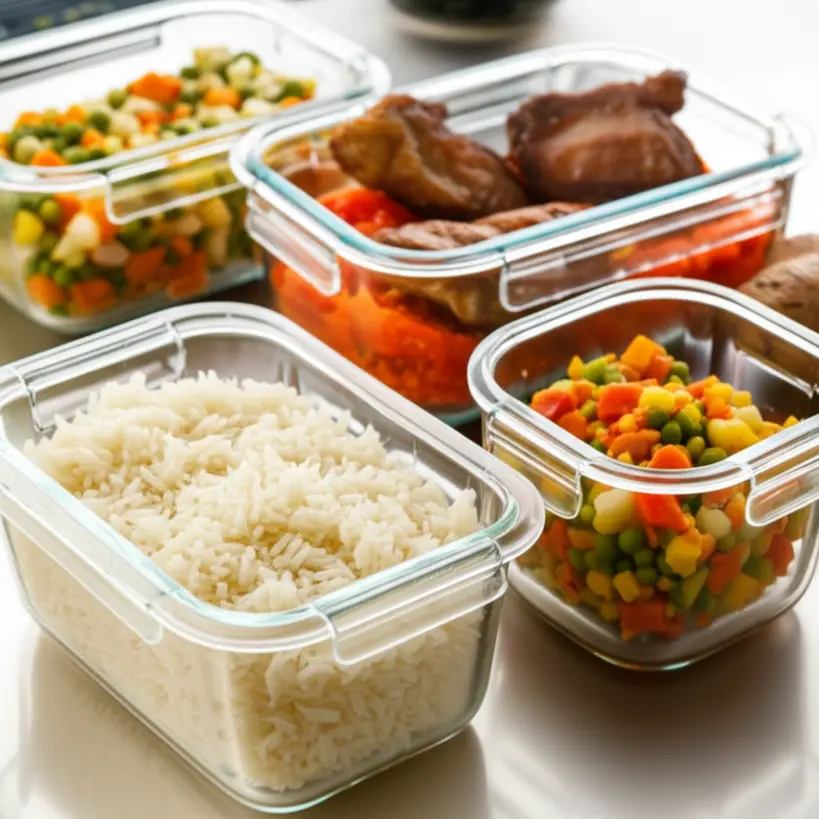 Cozinha organizada com sobras em potes transparentes, mostrando potes de vidro com diferentes tipos de alimentos, como arroz, legumes e carne, prontos para serem reaproveitados.