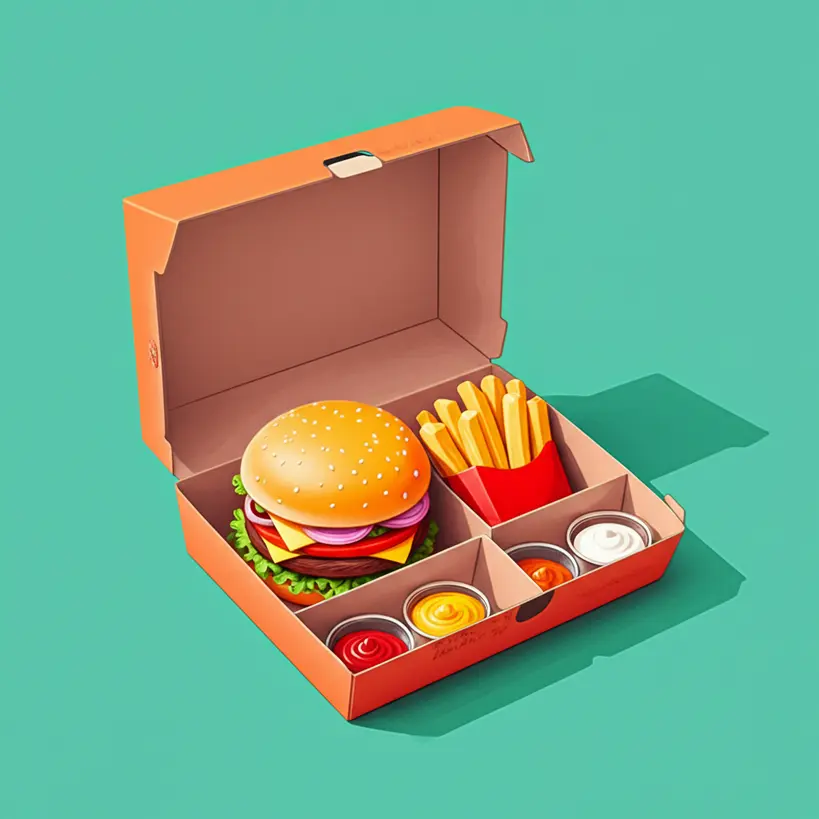 Ilustração de embalagem de papelão com compartimentos para hambúrguer, batatas e molhos