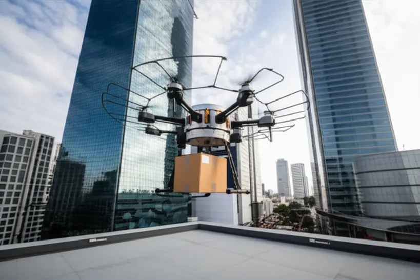 Um drone autônomo sobrevoando uma cidade, entregando um pacote em um telhado.