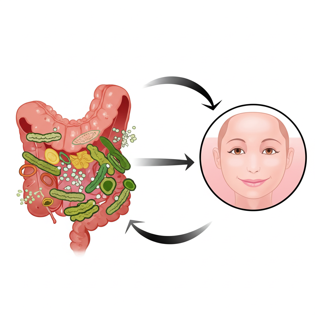 Ilustração do eixo intestino-pele mostrando a conexão entre um intestino saudável e uma pele radiante, com bactérias benéficas e uma barreira cutânea intacta.