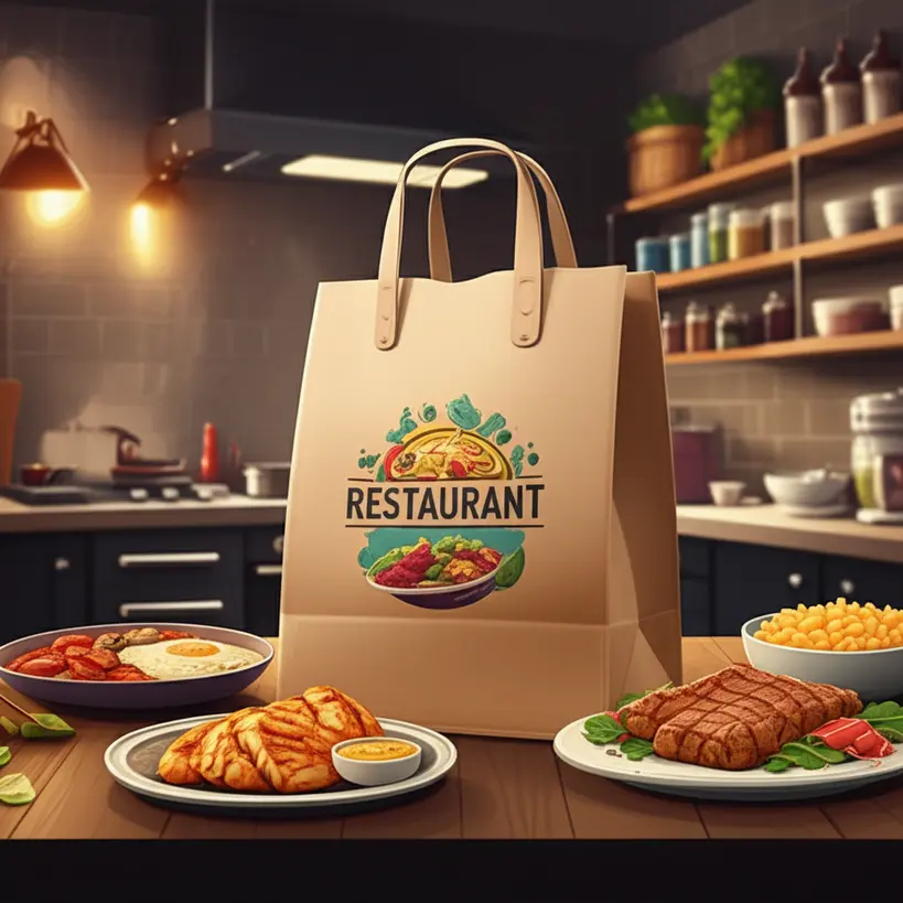 Saco kraft personalizado com logo de restaurante, comida delivery
