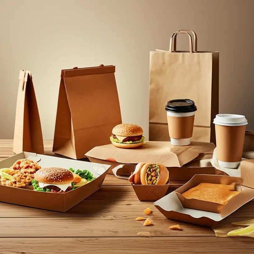 Diversas embalagens Kraft para delivery de alimentos mostrando versatilidade