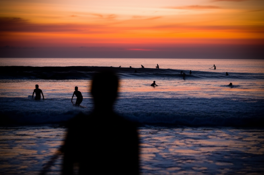 Fotógrafo com câmera profissional registrando surfistas em silhueta contra o pôr do sol vibrante em Itacaré, com ondas quebrando.