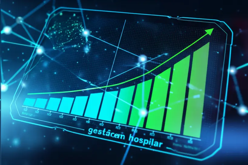 Gráfico futurista mostrando aumento de eficiência e redução de custos em gestão hospitalar com IA