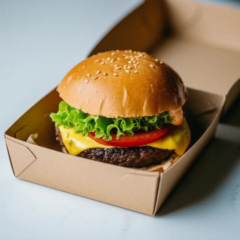 Hambúrguer artesanal perfeitamente montado e intacto dentro de uma embalagem de delivery