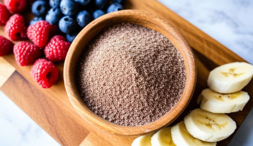 Psyllium em pó e sementes em tigela, ao lado de frutas frescas como mirtilos e bananas, prontos para serem adicionados a um smoothie, com foco na saúde intestinal.