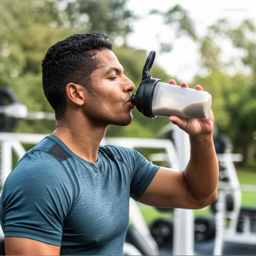 Atleta com músculos definidos, suado após treino intenso, bebendo um shake ou água com psyllium, simbolizando recuperação e hidratação.