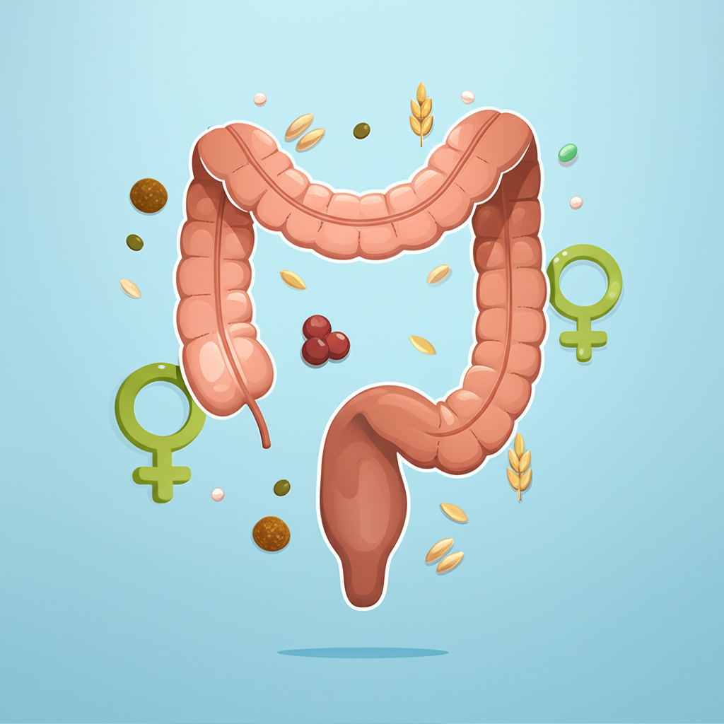 Ilustração abstrata mostrando a conexão entre o intestino, hormônios e fibras dietéticas, com cores suaves e elementos de equilíbrio.