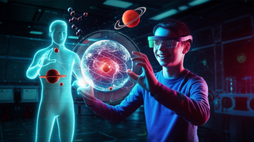 Um jovem entusiasmado usando óculos de realidade aumentada, interagindo com modelos 3D de moléculas e planetas projetados por um professor virtual, demonstrando aprendizado avançado.