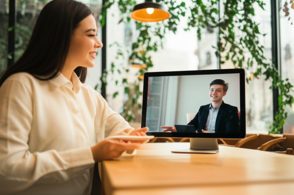 Uma jovem sorrindo, praticando conversação em inglês com um avatar de professor virtual em uma tela, em um ambiente de café aconchegante.