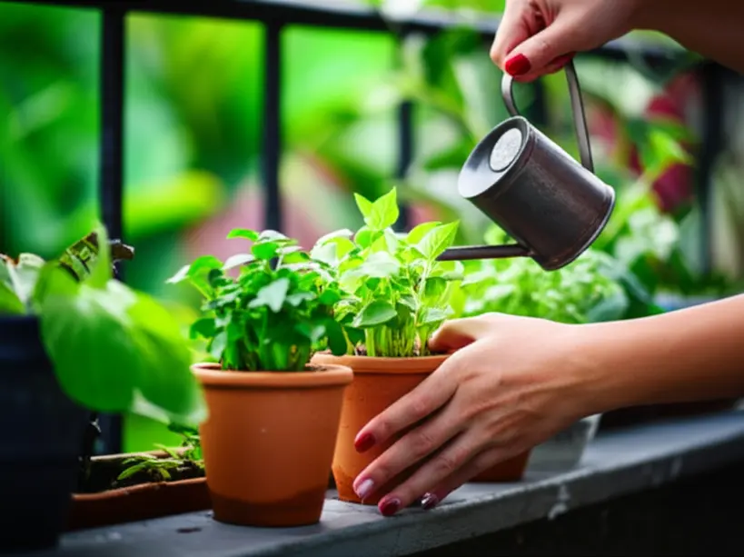 Mãos de uma pessoa com luvas de jardinagem regando delicadamente um vaso de manjericão em uma varanda, com outras plantas ao fundo