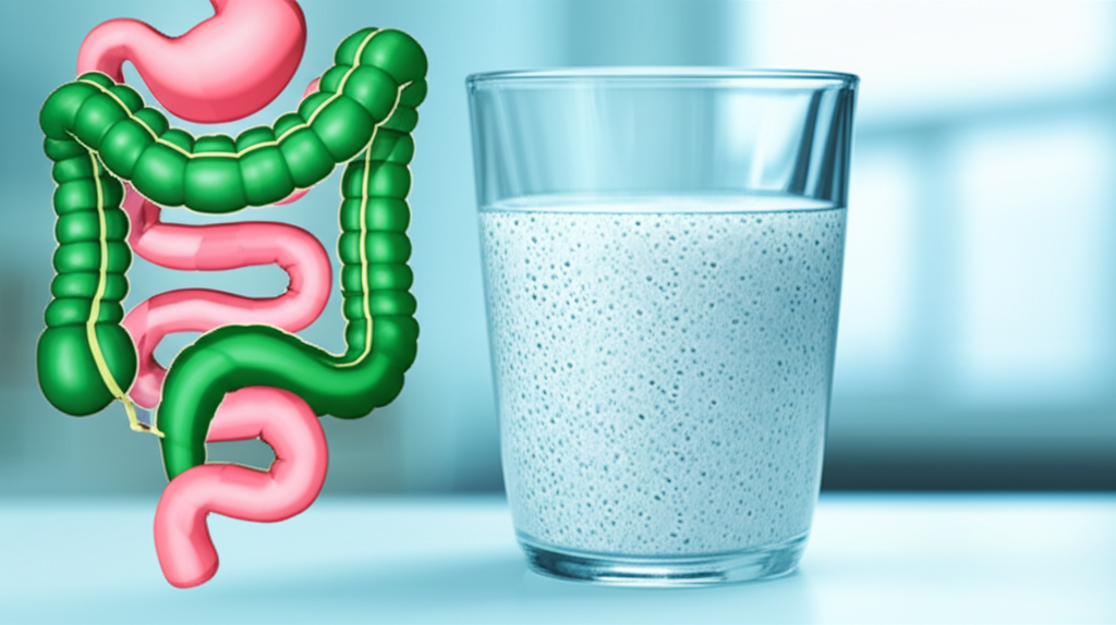 Ilustração do Psyllium agindo no intestino para aliviar a constipação