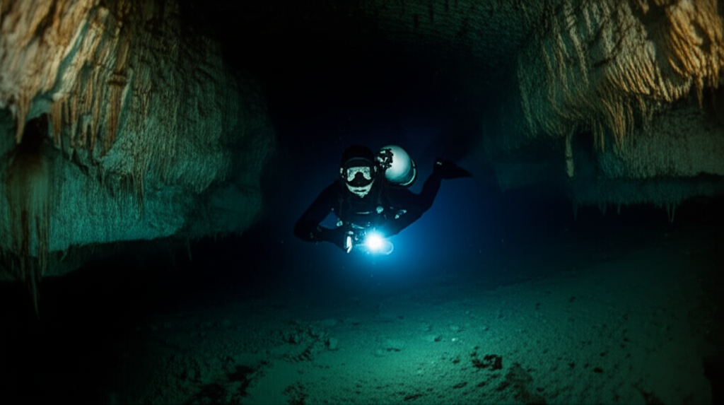 Mergulhador com lanterna explorando uma caverna subaquática com formações rochosas e luz penetrando pela superfície.