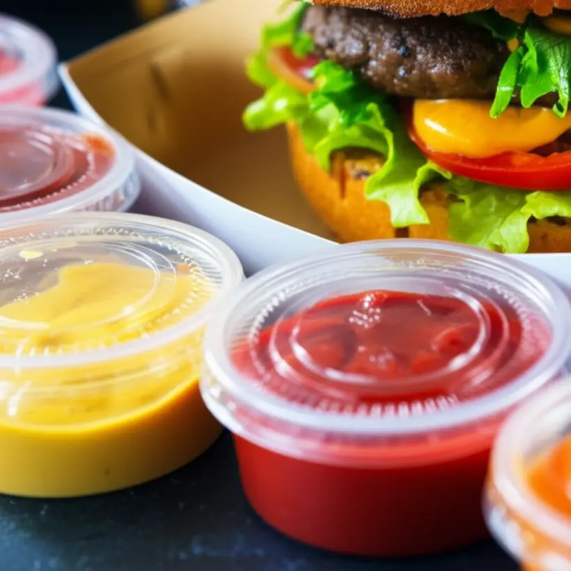 Potes pequenos e selados de molho para acompanhar hambúrgueres em delivery