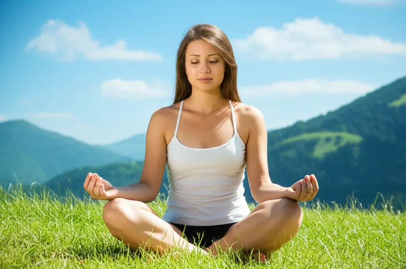 Mulher praticando meditação em um ambiente natural e tranquilo para reduzir o estresse