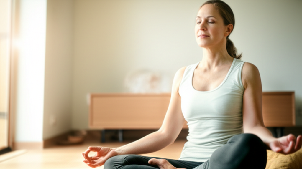 Mulher madura (45-55 anos) praticando meditação em um ambiente calmo, transmitindo serenidade e bem-estar.