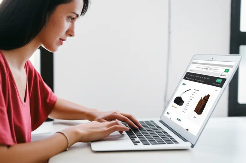 Uma mulher concentrada pesquisando precos e informacoes em um laptop